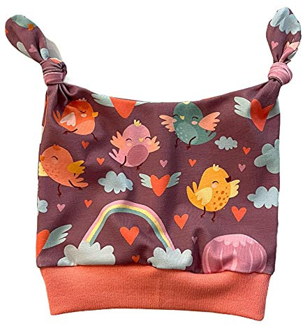 Knotenmütze BirdiesHearts Vögelchen Liebe Mädchen Lila Türkis Jersey 37 39 41 43 45 47 49 51 53 55 Baby Kleinkind Kind Beanie Wendemütze Handmade Juna