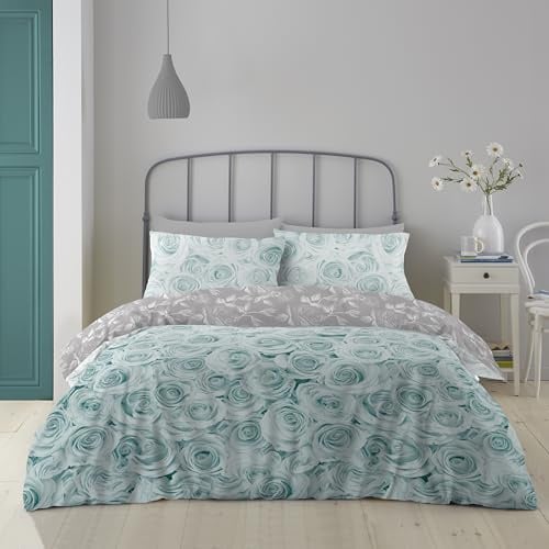 GC GAVENO CAVAILIA Printed Duvet Cover Duck Egg, Reversible Rose Bedding Double Bed Set, Warm Floral Quilt Covers