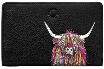 Black Leather Rainbow Scottish Highland Cow Zip Round Purse