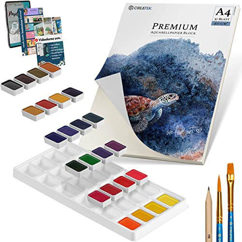 CreaTek Aquarellpapier A4 300g + Premium Aquarellfarben Set [ zum Vorteilspreis ] unschlagbare Kombination aus leuchtenden und stark pigmentierten Wasserfarben & unserem Nr.1 Aquarellpapier DIN A4