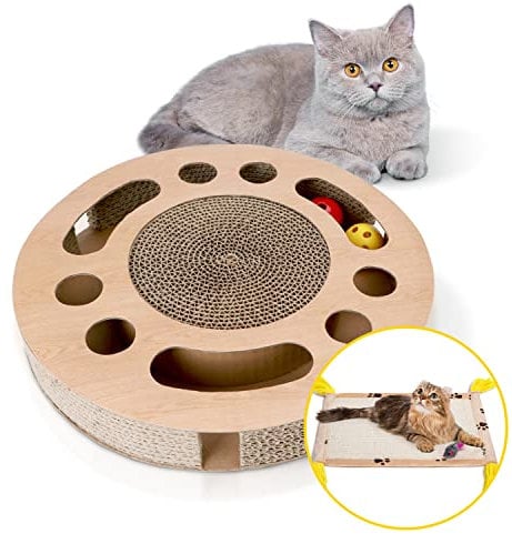 Rascador para Gatos con Hierba Gatera, Redonda Rascadora de Cartón para Cama con 2 Juguetes y Alfombrilla De Sisal Natural