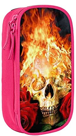 Federmäppchen, Totenkopf-Rose, mit rotem Feuer-Bleistiftbeutel, Reißverschluss, großes Fassungsvermögen, tragbar, für Jungen und Mädchen