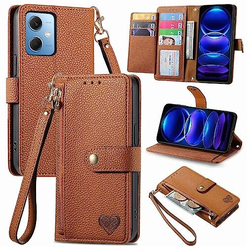 TUUNKMUY Handyhülle für Huawei P30, Reißverschluss Flip Case Liebe Lederhülle Magnetverschluss Brieftasche mit Kartenfächern Standfuntion Ledertasche für Huawei P30, braun