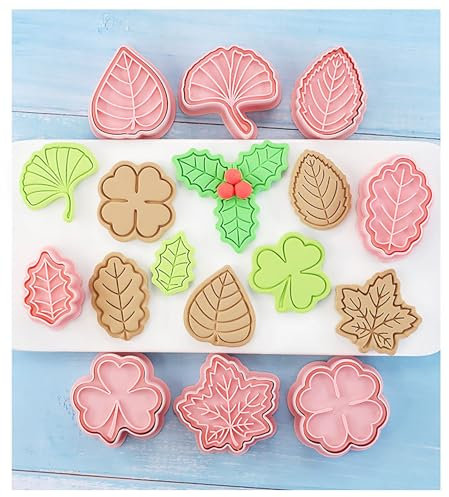 8X Leaves Cookie Pressing Cutter Embossing Mold, Holly, Ginkgo, Maple, Clover, Four Leaf Clover, Rose Leaves,Cookies Biscuit Stamps Fondant Press Cutters Mould Clay DIY Baking Tool Cake Pastry Decor