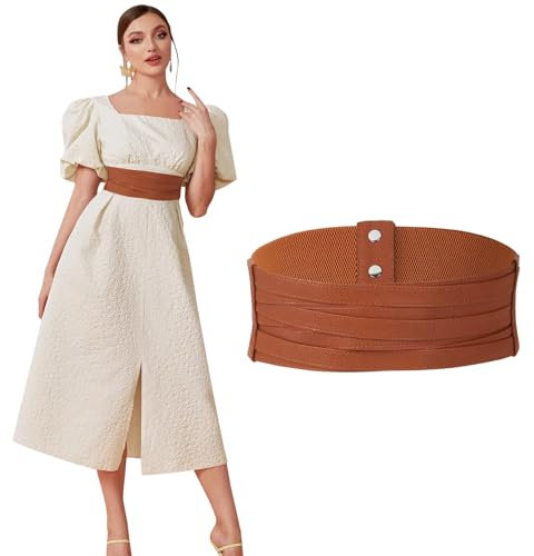 SUOSDEY Breiter Ledergürtel für Damen, Elastischer Geflochtener Gürtel für Kleider Modischer Stretch Taillengürtel braun
