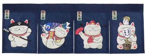 Japanese Noren Maneki Neko Curtain Short Entrance Hallway Hanging Flag 4 Pannel Lucky Cats Printed Doorway Curtain Tapestry for Restaurant Sushi Home Decor 33.5X11.8 With Velcro double-sided tape