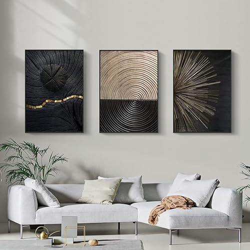 3er Set Design Poster Schwarz Gold Jahresring Linien Bild 40x60cm Nordic Schwarz Weiß Gold Wandkunst Bilder Wohnzimmer Home Deco Ohne Rahmen (B,50x70 cm)