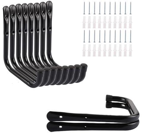 VIDETOL 10 Stück Wandhaken Universalhaken Leiterhaken, 20cm x 18cm Garage Leiterhaken Schwerlast 25kg, Wandhalterung Garage, Stahl Aufbewahrungshaken für Gartengeräte, Werkzeuge, Keller