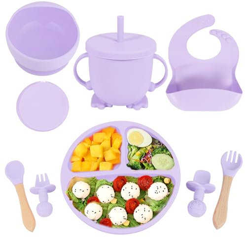 QINONEY Vajilla para Bebés de Silicona, 8 Piezas Vajilla de Silicona Plato Bebe Ventosa, Para Niños Aprender, Tazón de Platos, Cuchara de Babero, Tenedor, Taza de agua potable (Morado Claro)