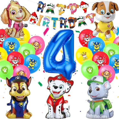 YISKY Paw Luftballon Geburtstag Deko 4 Jahre, Dog Cartoon Luftballons, Hund Blau Luftballon, Happy Birthday Banner für Kindergeburtstag