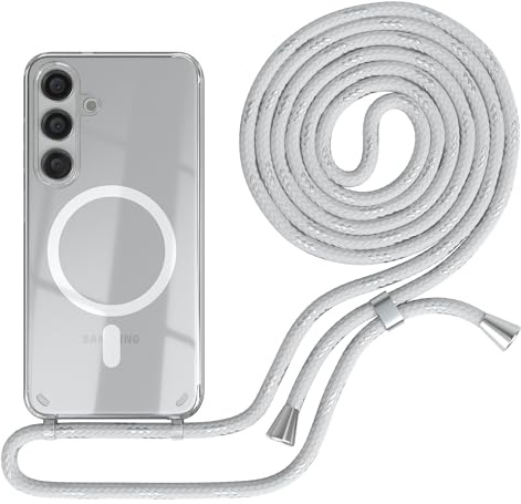 EAZY CASE - Handykette kompatibel mit Samsung Galaxy S24 Kette zum Umhängen Stoßfest Handyhülle für Galaxy S24 Silikon Hülle mit Band Handytasche Transparent als Fallschutz in Weiß/Silber
