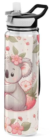 Mnsruu Bouteille d'eau Plastique Transparente Bidon Etanche en Tritan sans BPA avec paille - 1 litre - Motif koala - Pour adultes - Pour l'école, la gym, les voyages