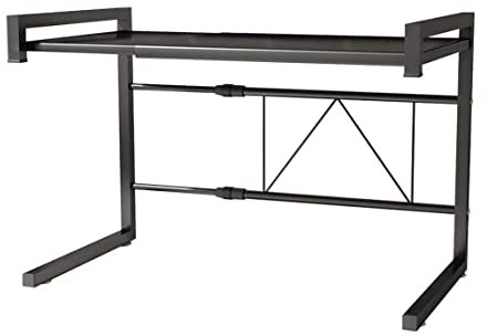 SFNIOKFG Support de Four à Micro-Ondes, Support de Cuisine, étagère Extensible Noire à 2 Niveaux pour Micro-Ondes, Mini Support de Four avec 3 Crochets de Suspension, Organisateur de rangem