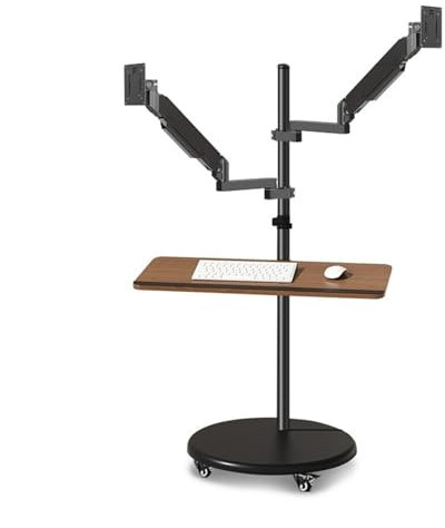 Monitor Arm Dual Monitor Mount Stand with Keyboard Tray, 14-43 Mulitiuse Rolling Monitor Floor Stand Mobile Workstation, Height Adjustable Gas Spring Monitor Mount Monitor Mount Monitor Stand(14-32