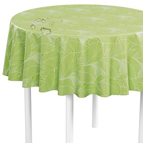 LILENO HOME Nappe lavable au mètre - Ronde (bord coupé) - Motif feuilles graphiques vertes - Nappe en toile cirée imperméable idéale comme nappe ou chemin de table pour tente à bière - 140 cm