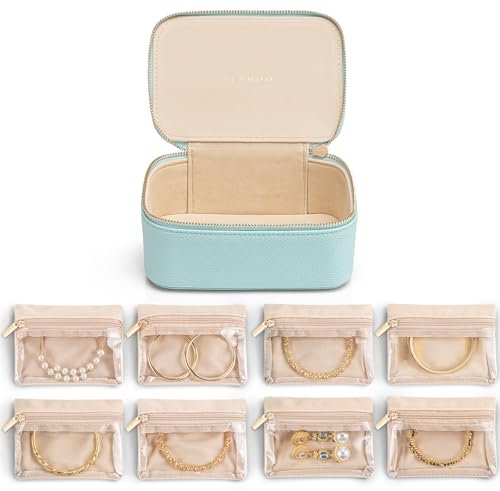 Vlando Schmuck-Organizer für Reisen, Schmuckschatulle für Mädchen und Frauen, mit 8 Samtbeuteln, Aufbewahrung für Halsketten, Ringe, als Geschenk zu Valentinstag, Geburtstag, Hellblau