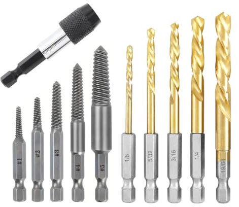 Saipor Juego de 11 extractores de tornillos pelados, juego de extractores de brocas inversas, broca hexagonal de mano izquierda y kit extractor de pernos fácil de sacar para quitar tornillos, pernos y