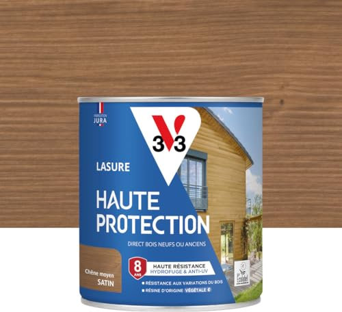 V33 Holzlasur für den Außenbereich, mittlere Eiche, satiniert, hoher Schutz, 8 Jahre, hohe Beständigkeit gegen Wasser- und UV-Schutz, beständig gegen Holzschwankungen, Umwelt, pflanzliches Harz, 0,75