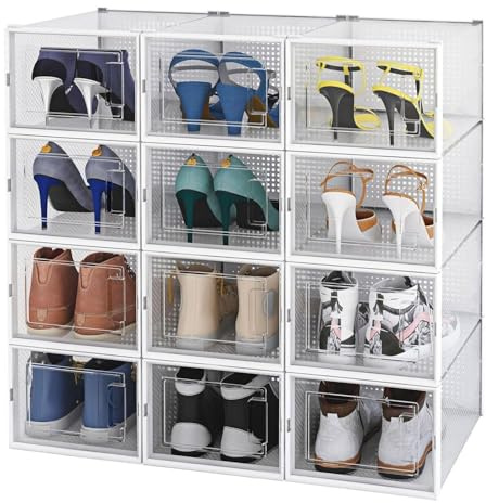 Alex Nash Stackable Shoe Storage Box - Clear Plastic Shoe Boxes with Lid - Foldable Shoe Organiser Containers for Men & Women Shoes, Boots, Trainers - Pack of 12: Large
