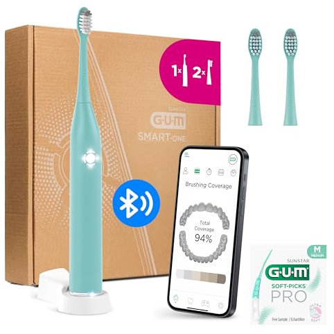 GUM SMART ONE elektrische Zahnbürste | Geschwindigkeitskontrolle | Timer | 4 Putzmodi | 6 Wochen Akkulaufzeit | GUM SMART App | 1x Schall-Zahnbürste | 2x Bürstenköpfe | Mintgrün