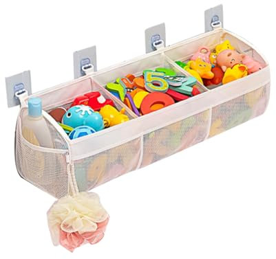 GIONAR Bath Toy Storage Net with 3 Horizontal Large Openings, 2 Side Pockets & 4 Suction Hooks, Hanging Mesh Organizer Bag for Bathtub Toy Tidy and Baby Bath Accessories, Drainage Design