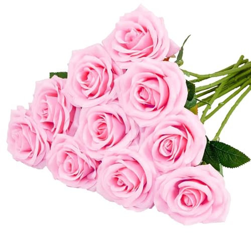 XoeLLe 12 Stück Rosa Rosen, 52cm Künstliche Blumen, Blumenstrauß, Kunstblumen Wie Echt, Hochzeit Deko, Home Decor, Realistische Blume für Hochzeitssträuße Jubiläen Partys Dekoration (Hellrosa)