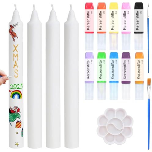 Scentoria Kerzen Bemalen Set, 10x5ml Kerzenstifte, 4 Stück Kerzen, Stabkerzen Weiß, Wachsstifte für Kerzen, Kerzenstifte zum Verzieren, Tafelkerzen, Kerzenstifte für Kerzen, Keramik, Glas-je 5 ml