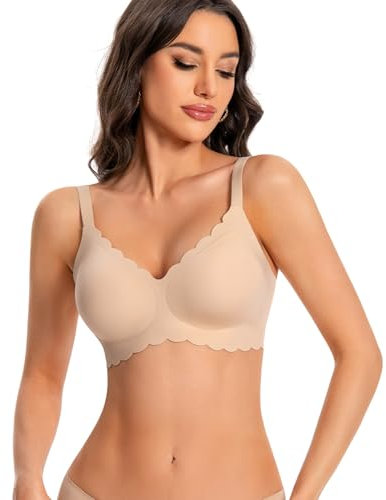 ANGOOL Seamless Bras for Women Wire Free Push Up V Neck Padded Bralette Soft Support Full Coverage Comfort Women Bra, Beige, XL
