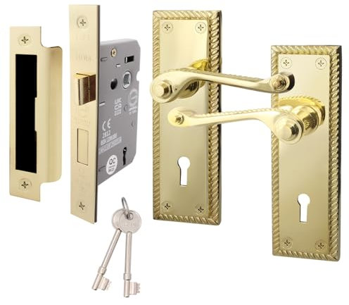 EAI Polished Brass Georgian Scroll Door Handle Key Lock Set - 1 Pair Internal Lever Lock Handles, Lock 64mm & Keys - Rope Design