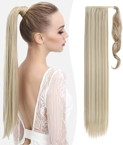 Benehair Lang Glattes Pferdeschwanz Haarteil Synthetik Haarverlängerung Zopf Ponytail Extension Haarteil Zopf Blond Mix Braun Haar Extension für Damen Mädchen Blond Mix Braun 81cm