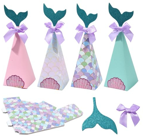 UR URLIFEHALL 20 Stück 4 Stile Meerjungfrau Geschenkboxen Dreieck Kegel Meerjungfrau Schwanz Karton Boxen für Geschenke Süßigkeiten Kekse Verpackung Party Favor