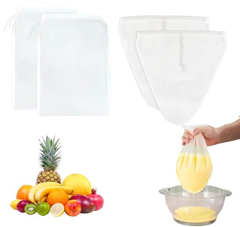 Nussmilchbeutel, 4 Stück Passiertuch Wiederverwendbar, Nussmilchbeutel bio Waschbar, Filterbeutel mit Kordelzug, Nut Milk Bag für Nussmilch Käse Kaffee Joghurt Fruchtsaft