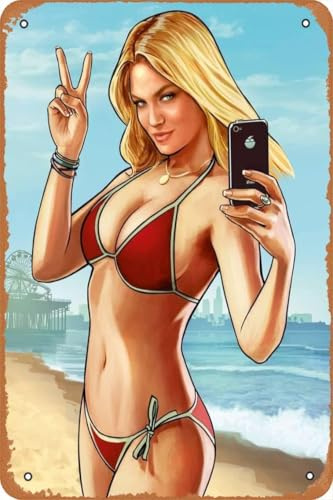 Klassisches Dekor-Poster, Spiel, GTA 5, Strand, Mädchen, Spiel-Poster, Blechschild, Wanddekoration, lustiges Retro-Bar, Kaffee, Pub, Geschenk, Wanddekoration, Schild, 30,5 x 40,6 cm