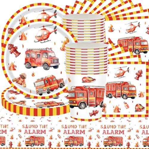 61St Feuerwehrmann Party Geschirr Set, Kinder Party Dekorationen Zubehör, Feuerwehrmann Thema Geburtstag Dekorationen, rotes Geschirr enthält Teller Tassen Papier Servietten Tischdecke (20 Gäste)
