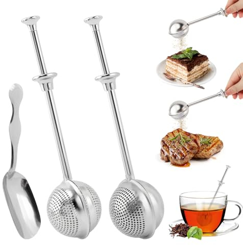 2Pcs Flour Sifter for Baking,Powdered Sugar Shaker Duster Sifter Stainless Steel,with 1 Tea Scoop,Spring-Operated Handle Strainer for Baking,Sifting Sugar, Flour,Spices,Herbs