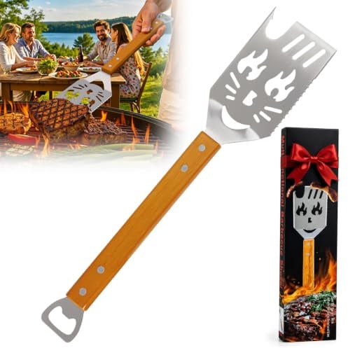 Landrip Grillspachtel für Barbecue, 8 in 1 Grillbesteck mit Holzgriff, Edelstahl，Multifunktionales Grill Zubehör, Grillwender, Grill Geschenke für Männer,Vatertagsgeschenk