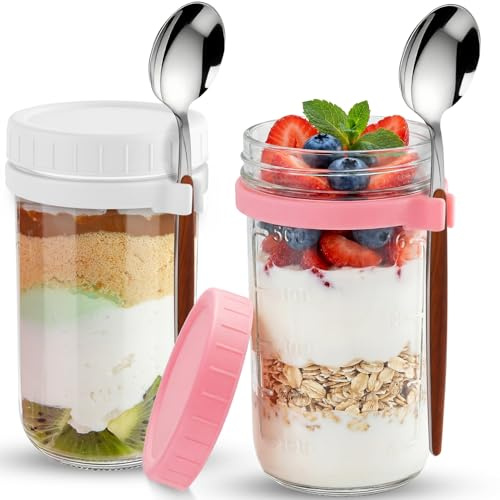 Otauoaea 2er Set Overnight Oats Gläser 600ml mit Löffel & Messmarkierungen - Overnight Hafergläser Meal Prep Gläser Aufbewahrungsglas - für Porridge, Pudding, Salat - To Go, Luftdicht