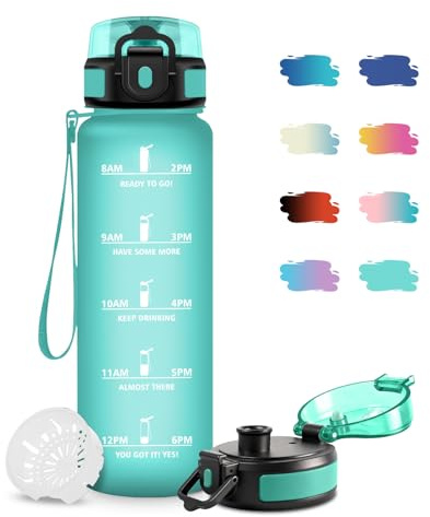 JAPORIA Trinkflasche 500ml, Auslaufsicher, BPA-frei, Wasserflasche mit Filter und Zeitmarkierung für Gym, Yoga, Camping, Fahrrad, Schule, Büro