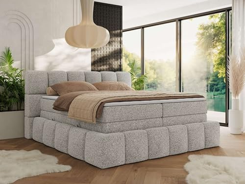 MKS MEBLE Boxspringbett NIRA King 140x200 cm Hellgrau Strukture, Bett mit Bettkasten & Kopfteil, 7-Zonen Taschenfederkern Matratze H4 mit Topper T25