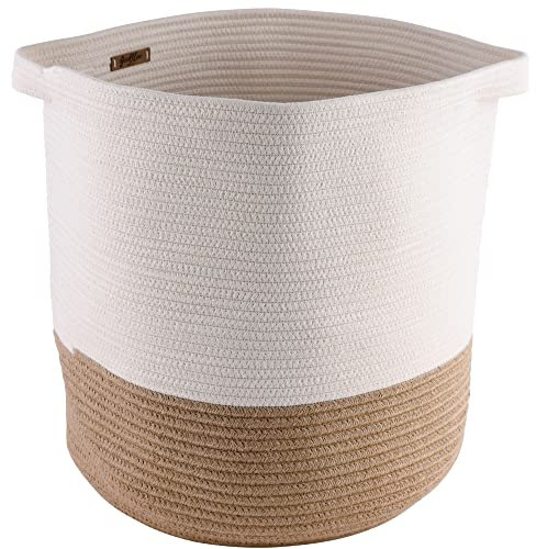 GooBloo Großer Aufbewahrungskorb Geflochten - 46 x 43 cm Deko Baumwollseilkorb Rund - Wäschekorb mit Griffen - Korb zur Aufbewahrung von Spielzeugen im Kinderzimmer