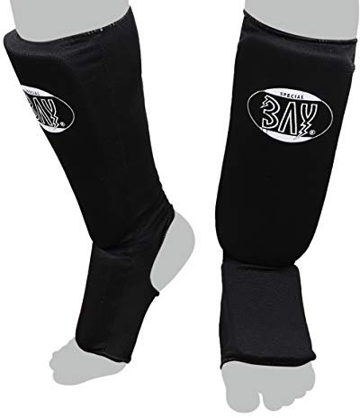 BAY MTC Cotton schwarz Spann-Schienbeinschutz Baumwolle Elastik Stoff, Muay Thai, Thaiboxen (XXS)