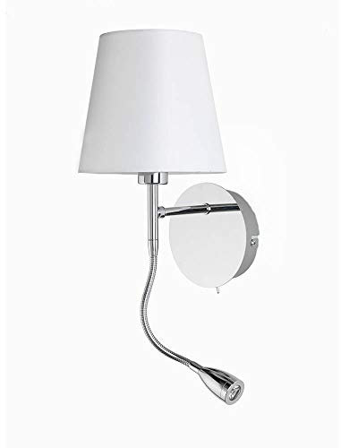 ONLI Applique in Metallo Cromato e Paralume in Tessuto Bianco. Faretto LED Flessibile Integrato con Interruttore sulla Base