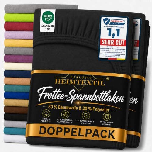 EXKLUSIV HEIMTEXTIL Frottee Spannbettlaken Doppelpack 90-100 x 200 cm 80% Baumwolle, 20% Polyester Öko - Tex Zertifiziert, Markenqualität, Matratzenhöhe bis 25 cm, Schwarz