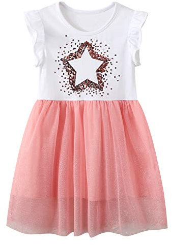 JinBei Kleid für Mädchen Pailletten Sterne Rosa Tüll Kleider Kinder Baumwolle Armellos Sommer Cartoon T-Shirt Kleid Alter 5-6 Jahre