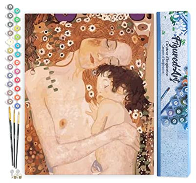 Figured'Art Peinture par Numéro Adulte Mère et Enfant de Klimt - Activité Manuelle Kit de Loisir Créatif DIY Numéro d'Art Complet - 40x50cm sans châssis en bois