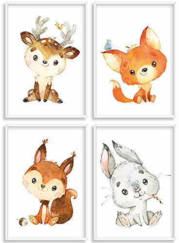 HappyArts® | Kinderzimmer Bilder A4 Poster 4er Set Deko Mädchen Junge Babyzimmer | Aquarell Waldtiere Waldfreunde Fuchs Reh OHNE RAHMEN