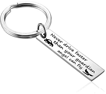 Ayoiow Porte-Clés Utile,Argento Porte-Clés en Fil Acier Inoxydable Engraved Never Drive Faster Than Your Guardian Angel Can Fly