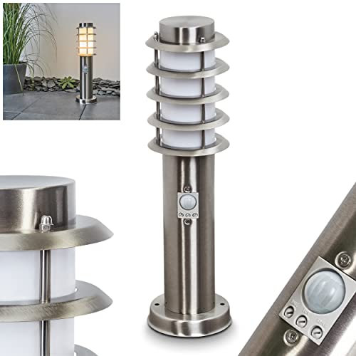 Außenwegeleuchte Tunes mit Bewegungsmelder, moderne Sockelleuchte aus Metall/Kunststoff in Nickel-matt/Weiß, Wegeleuchte 45,5 cm, Gartenlampe m. E27, Gartenbeleuchtung IP44, ohne Leuchtmittel
