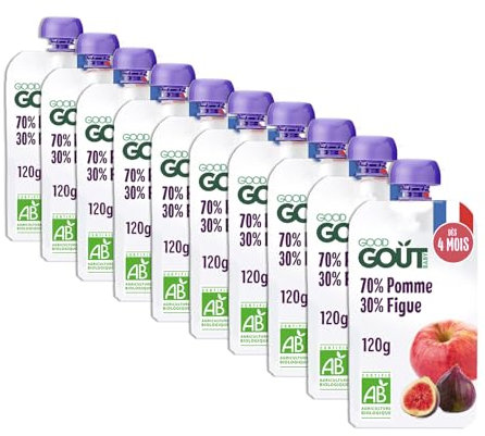 GOOD GOÛT - Gourdes Pomme Figue - Purée Bébé - Dès 4 Mois - 70 % Pomme, 30 % Figue - Sans Sucres Ajoutés - Fabriqué En France - 10x120g