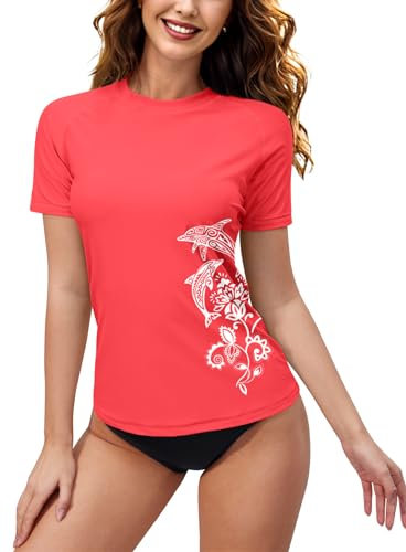 Women Summer Surfing Rash Vest UV Protection UPF 50+ Quick Drying Swimming Tops Solid Coral XL